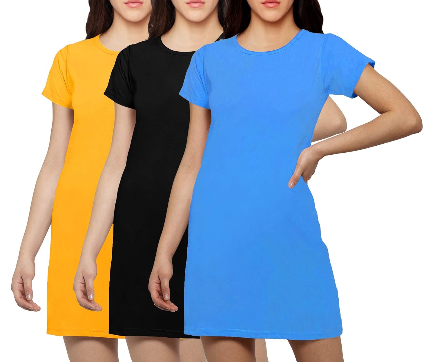 Buy OPLU Premium Womens Plain Knee Length Half Sleeves Cotton Tshirt Combo of 3 Yellow, Black