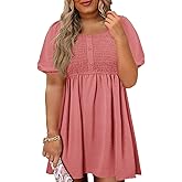 Beautife Women's Plus Size Smocked Summer Dress Casual Button Puff Sleeve Scoop Neck A-Line Beach Mini Dress