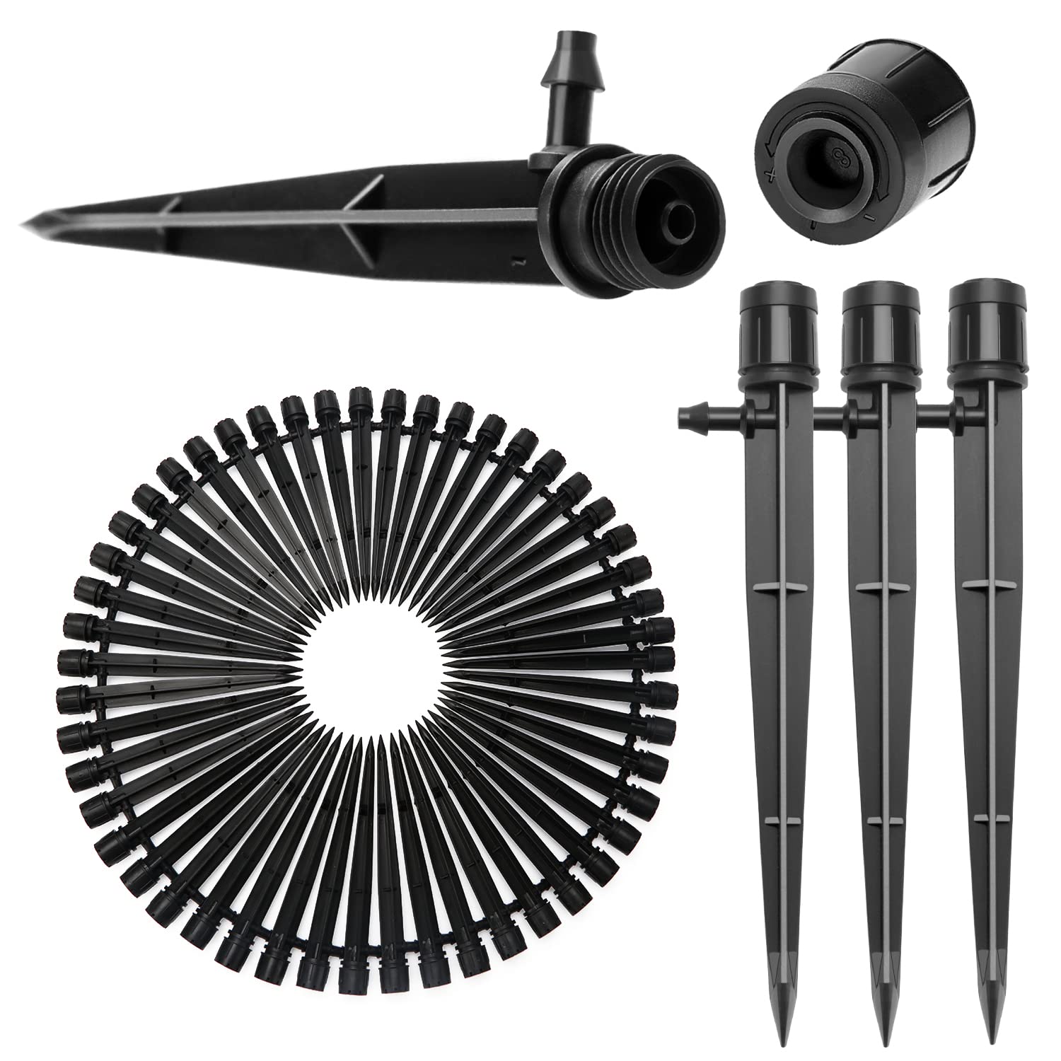 50 PCS 360 Degree Adjustable Irrigation Dripper Sprinkler, VooGenzek Micro Stake Emitter Dripper with Barbed Connector for 4/7 mm Garden Hose Irrigation System, Water Flow Stake Emitter, Black
