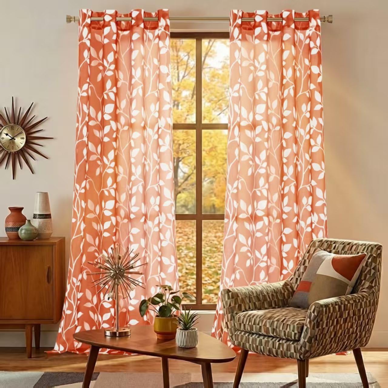 XTMYI Rust Burnt Orange Curtains 2 Panels 84 Inch Length for Living Room,Decorative Leaf Boho Sheer Rustic Curtain Sets for Window Bedroom