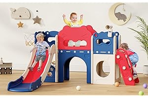 Babytronic Toddler Slide, 8 in 1 Kids Indoor Slide for Toddler 1-3, Indoor Outdoor Toddler Playground with Basketball Hoop and Telescope, Baby Slide Toddler Indoor Slide Playset(Blue&Red)