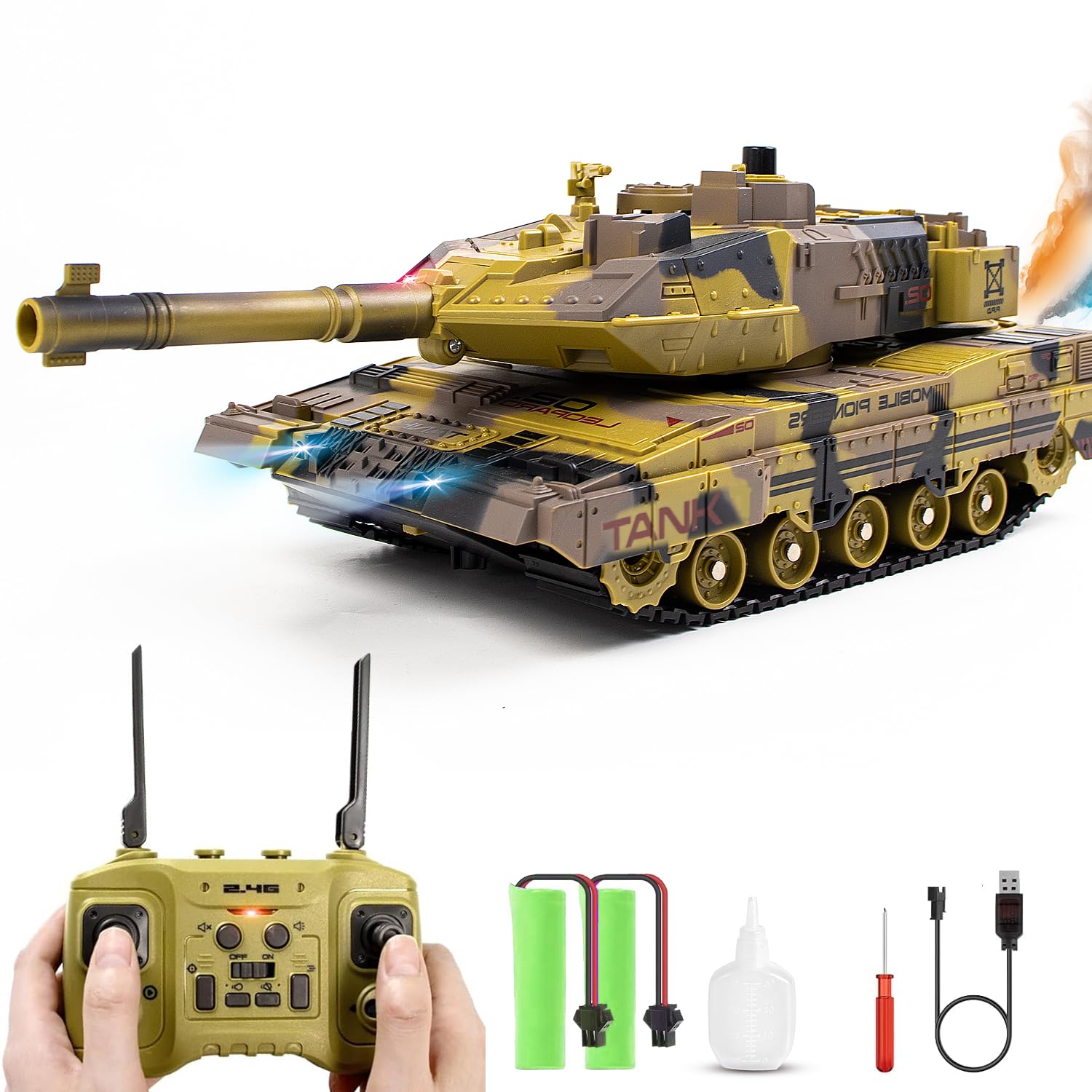 Hitish RC Tank that Shoots for Kids Adults, 2.4G Remote Control Army Tank Toys with Auto Demo Sound Light Smoke, 13 Channel Military Vehicles Model Gift for Boys, Army Beige