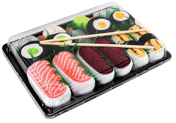 Sushi Socks Box - 5 pares de CALCETINES: Salmón, Tamago, Atún, Maki de Pepino y Oshinko - REGALO DIVERTIDO, Algodón de alta Calidad|para Mujer y Hombre, Certificado de OEKO-TEXhttps://amzn.to/2CQ3jEq