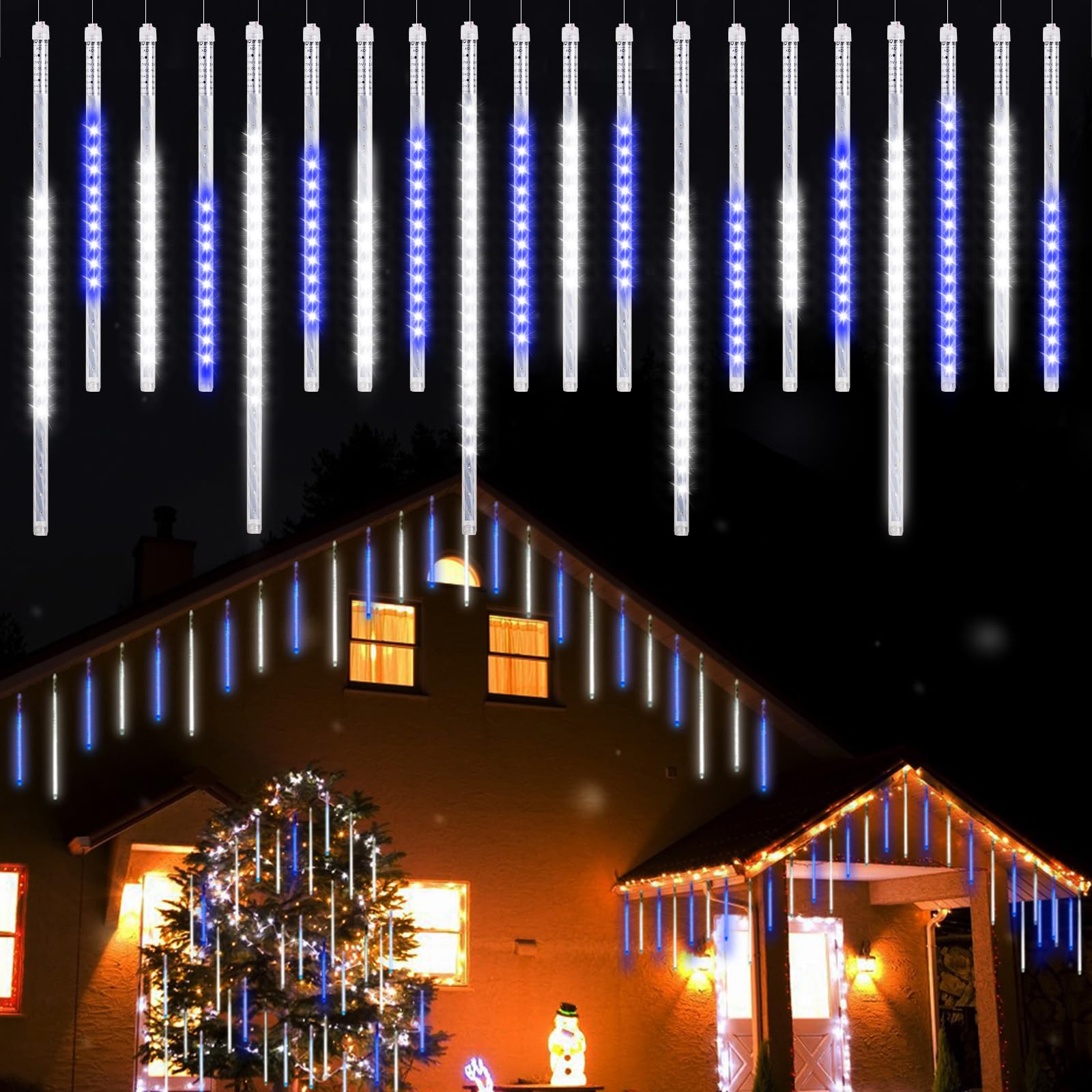 Vikdio Christmas Lights Outdoor, Meteor Shower Lights 20 Spiral Tubes 50-30cm 720 LEDs 6.65m Lit Length, Waterproof Snowfall Icicle Lights for Outdoor Xmas Decoration Party Tree Window (White-Blue)