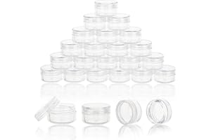 HPPFFY 25 Count 3 Gram Sample Containers, Clear Lip Balm Containers with Lids, Small Plastic Sample Jars with 2 Mini Spoons, 25pcs Labels (Clear Lid)