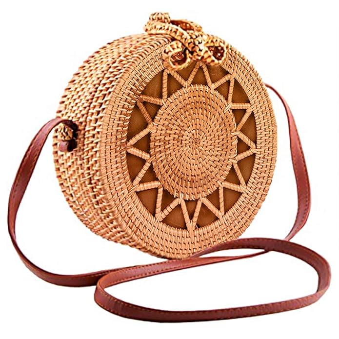 Buy Handwoven Round Rattan Crossbody Bag for Women Leather Shoulder