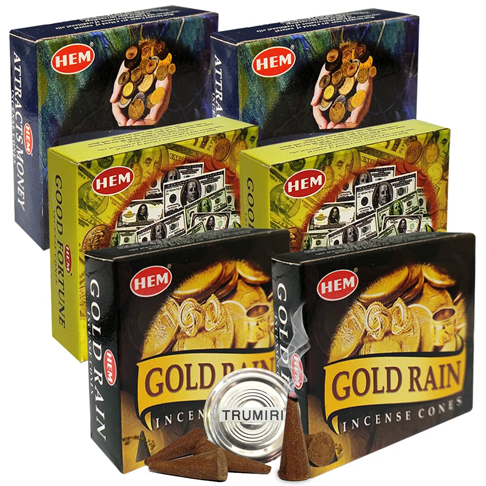 Attracts Money Good Fortune Gold Rain Incense Cones & Holder Bundle Variety Pack From Hem Trumiri Insense Insence