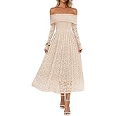 MEROKEETY Women's 2025 Fall Long Sleeve Floral Midi Dress Off Shoulder Wedding Guest Formal Long Flowy Dresses