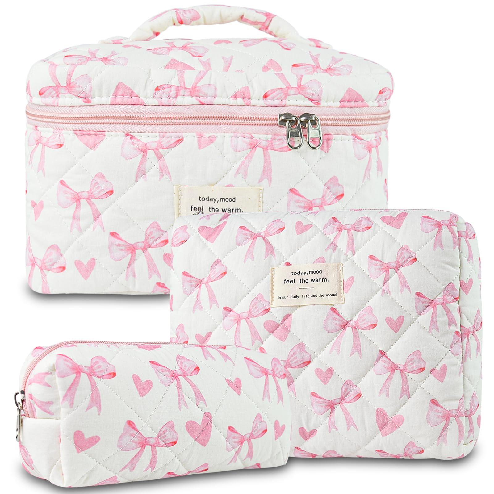 Photo 1 of GISMTR 3Pcs Makeup Bag Cotton Quilted Travel Cosmetic Bag Cute Floral Makeup Pouch Large Toiletry Bag for Women Girls (Bow-Pink4)