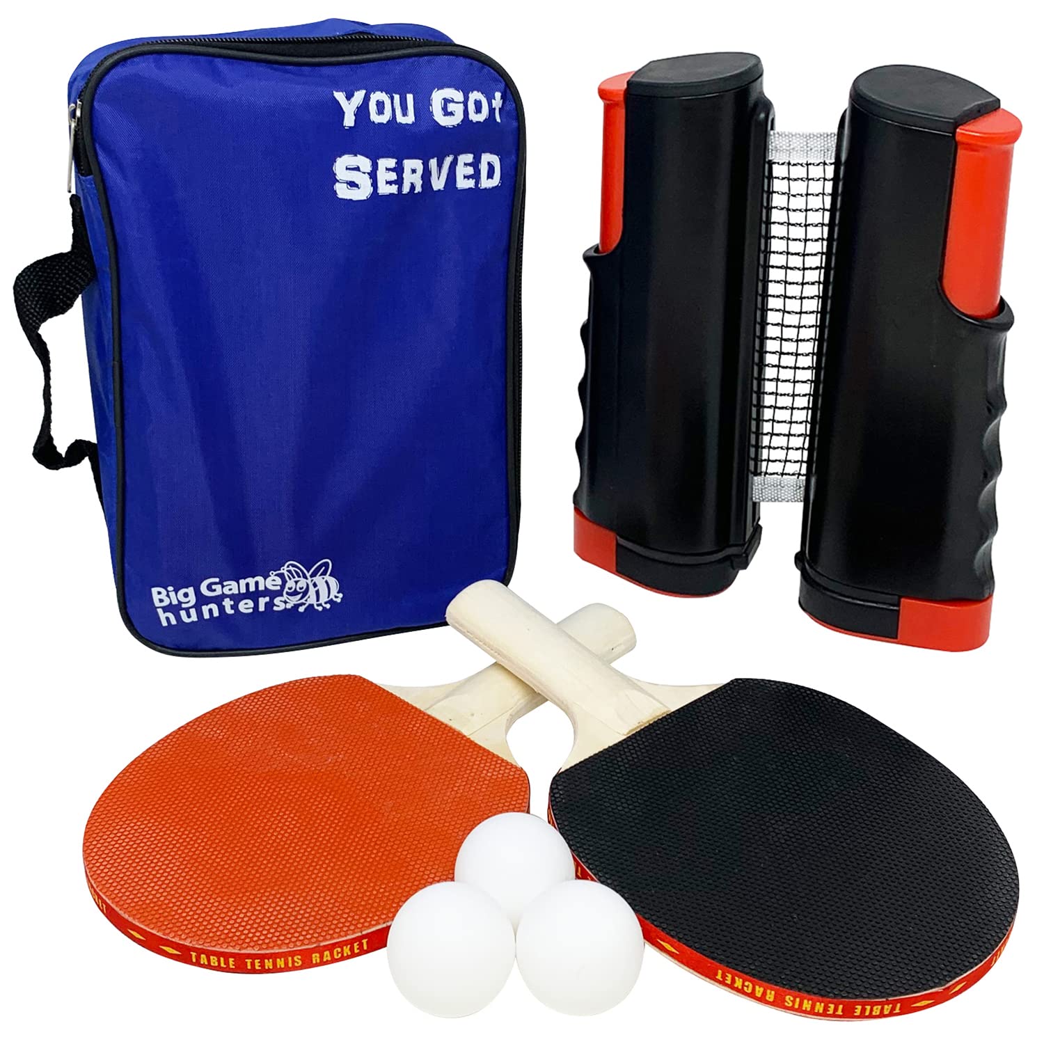 Big Game Hunters Table Tennis Set | Expanding Retractable Premium Net, Bats, Balls in Oxford Cloth Bag | All-in-One Kit | Fits Any Table | Great Gift & Indoor/Outdoor Game