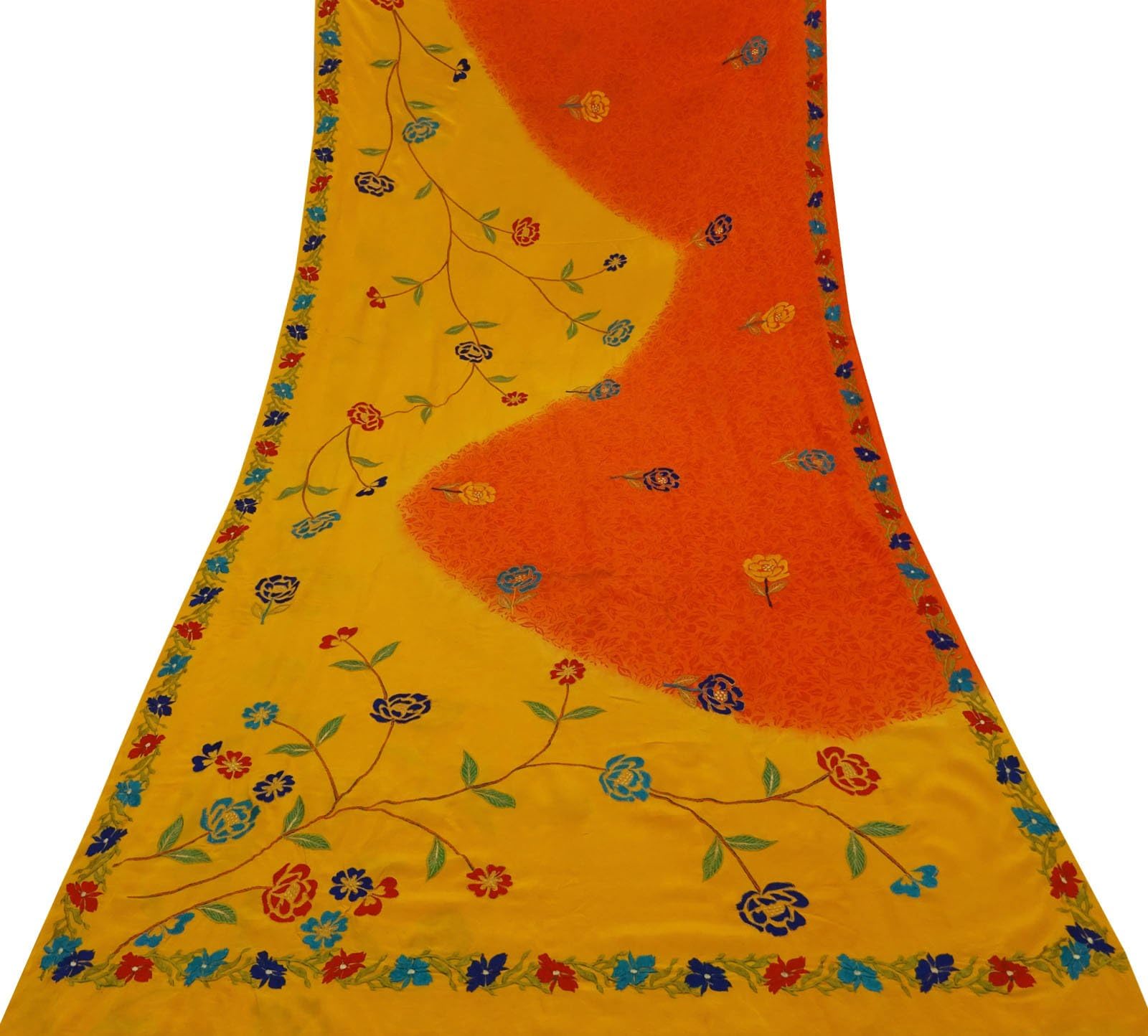 Vintage Crepe Silk Yellow Saree Embroidered Dress Making Fabric Used Sari 5 Yds