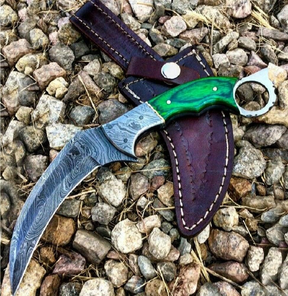 Noshra Wholesale Green Wood Handle 8.2'' Fixed Blade Custom Handmade Damascus Steel Hunting Knife Prime Quality Blade