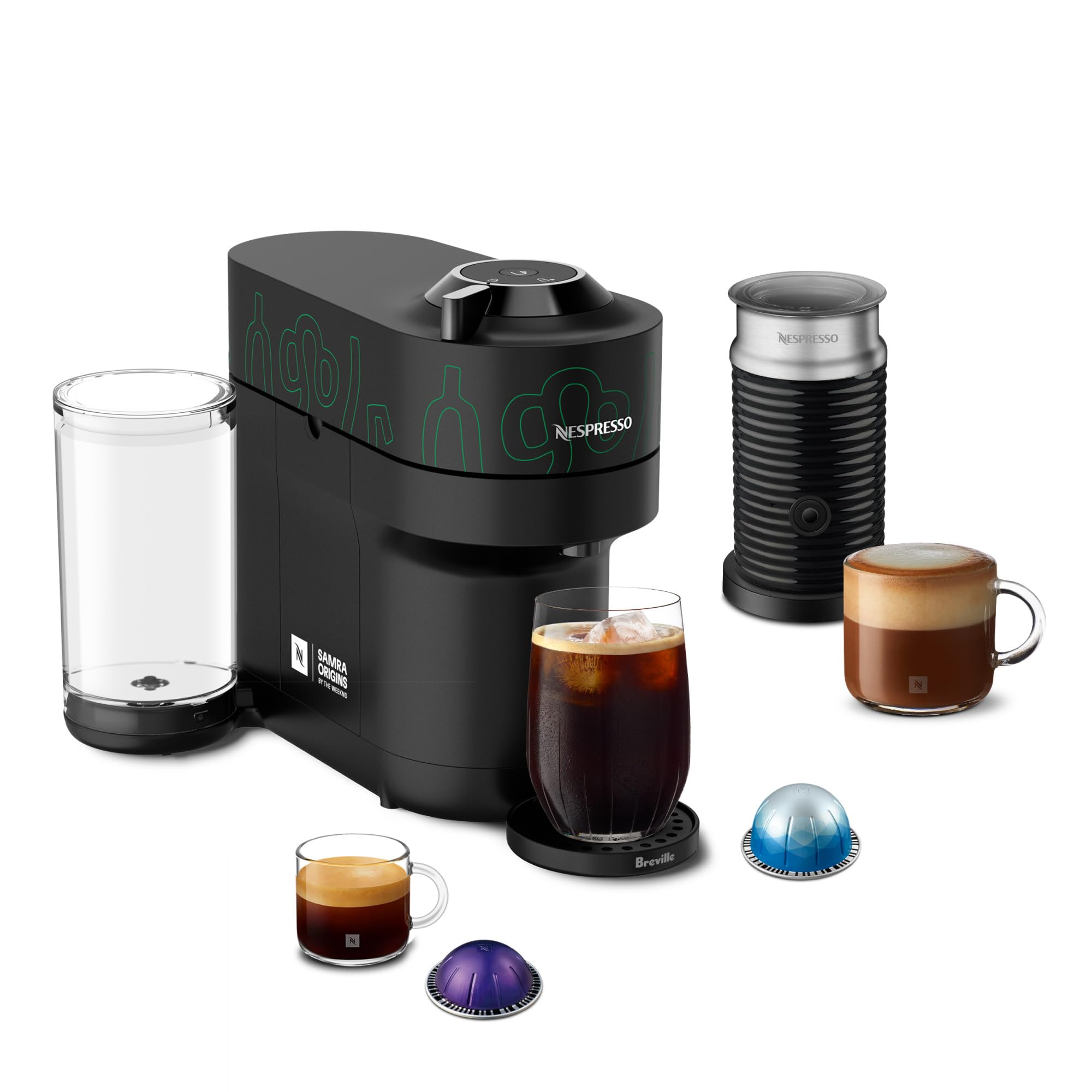 Nespresso Vertuo Pop+ Coffee and Espresso Maker by Breville, Samra Origins by The Weeknd Vertuo Metad Green Machine and Nespresso Aeroccino3 milk frother Image