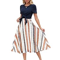 F·Y·YIYI Women's Casual Summer Dress Crewneck Short Sleeve Tie Knot Front Flowy Midi Dress with Pockets for Party & Daily (US, Alpha, Small, Regular, Long, Navy Blue)