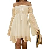 ZUNQKG Womens Off Shoulder Dress Bell Sleeve Lace-Up Chiffon Casual Party Mini Fairy Dresses
