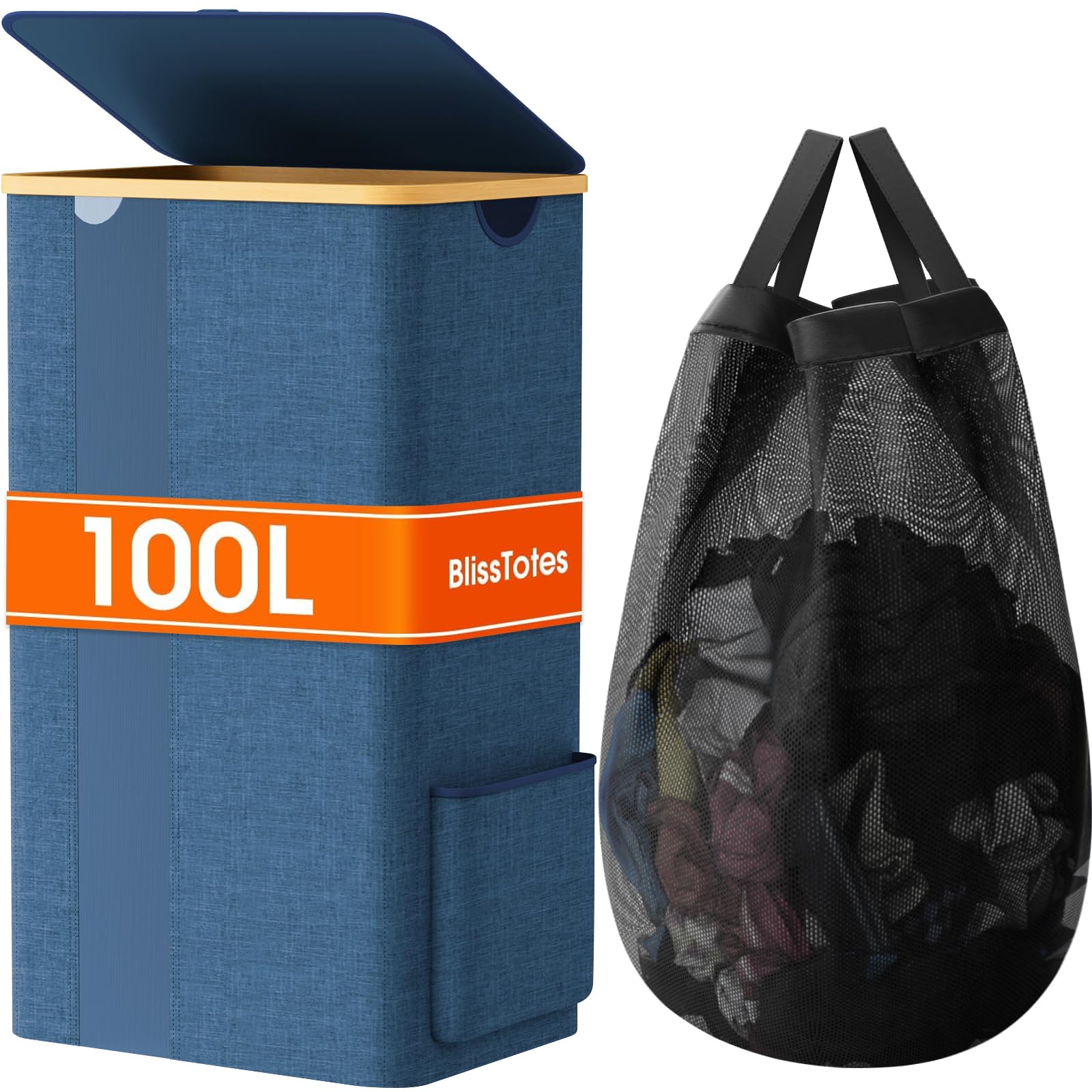 BlissTotes Laundry Basket with Lid, 100L Clothes Laundry Hamper with Handles and Removable Laundry Bag, Breathable Design Hamper with Lid for Bedroom, Bathroom, Dorm, Laundry Room - Light Blue Image