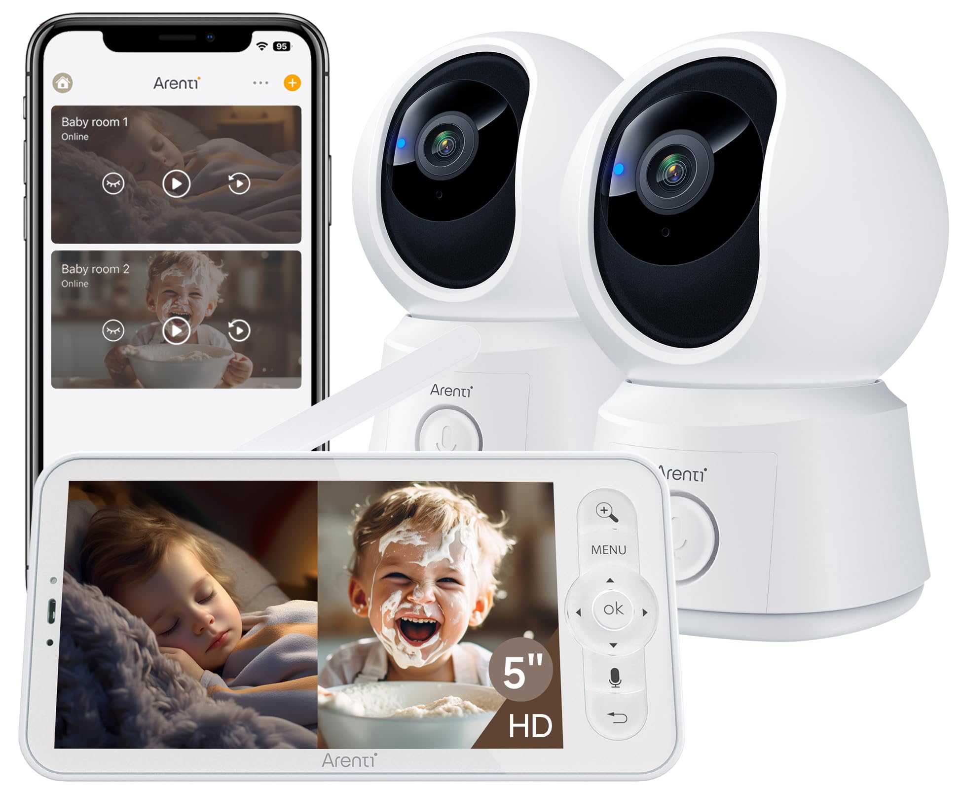 Photo 1 of ARENTI Baby Monitor 2 Cameras, Smart Baby Camera with 5-Inch Wireless Display, Super Night Vision, Temperature Sensor, Sound Detection, Auto Motion Tracking, 2-Way Audio, VOX Mode(B2 Set)