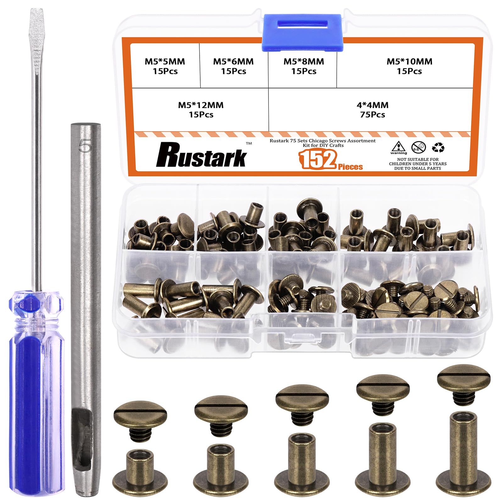 Rustark 75 Sets 5 Sizes M5 Bronze Chicago Screws Assorted Kit with Setting Tools Kit, Round Flat Head Chicago Rivets Chicago Bolts Chicago Metal Screws Studs for DIY Leather Craft Bookbinding