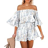 Fixmatti Women Boho Summer Romper Casual Floral Print Off Shoulder Strapless Shorts Jumpsuits