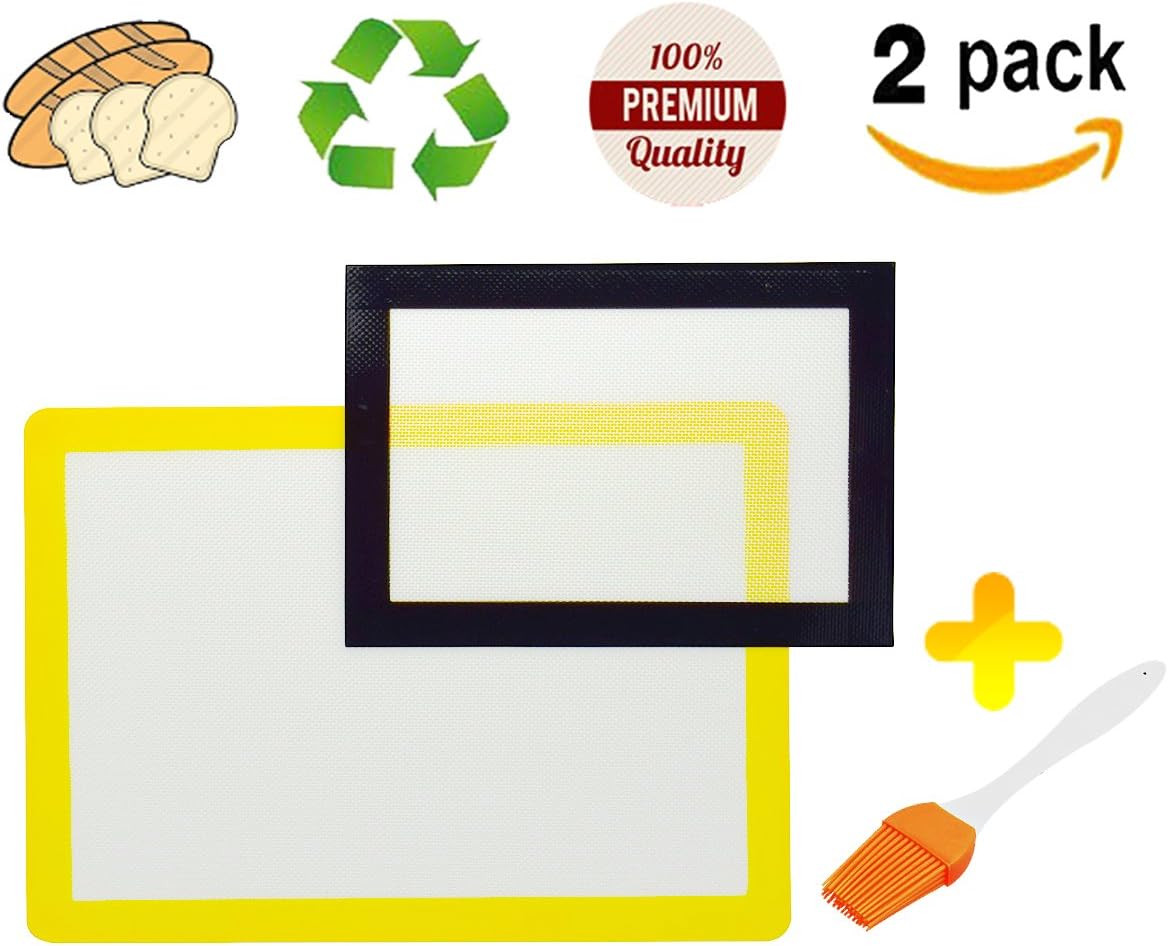 Baking Mat Pastry Sheets Rolling Set Bread/Dough/Macaroon/Fondant/Cookies/Pie Crust Liner Counter Non Stick Silicone with Measurements 17”+12”,2Pcs (Black+Yellow)