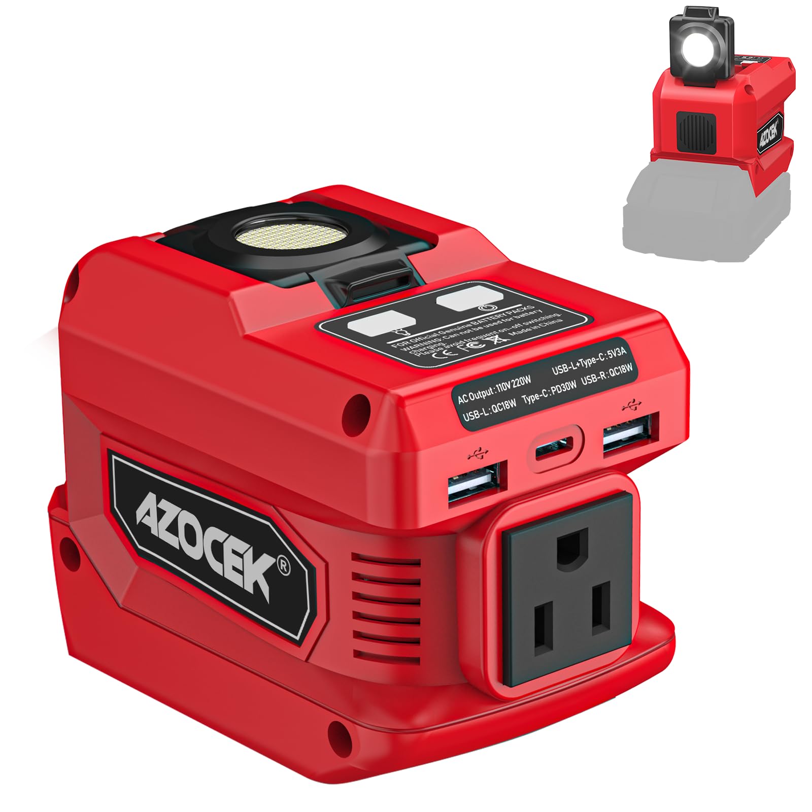 Photo 1 of 220W Azocek Power Inverter Compatible with Milwaukee 18V Battery, DC 18V to AC 110V Portable Power Station with 1 AC Outlet, 2 USB Ports & 1 Type-C Fast Charging, 400LM LED Work Light