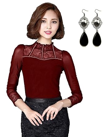 sitengle Damen Langarmshirt Elegant Lace Blusen Spitze Langarm OL Business Party T-Shirt Tops