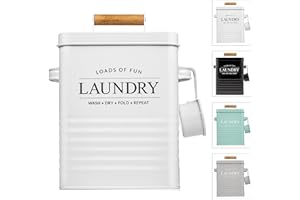 Calindiana Modern Farmhouse Metal Laundry Soap Dispenser Container Holder with Scoop for Laundry Room Decor and Space Saving Laundry Room Organization and Storage, Laundry Powder Container, White