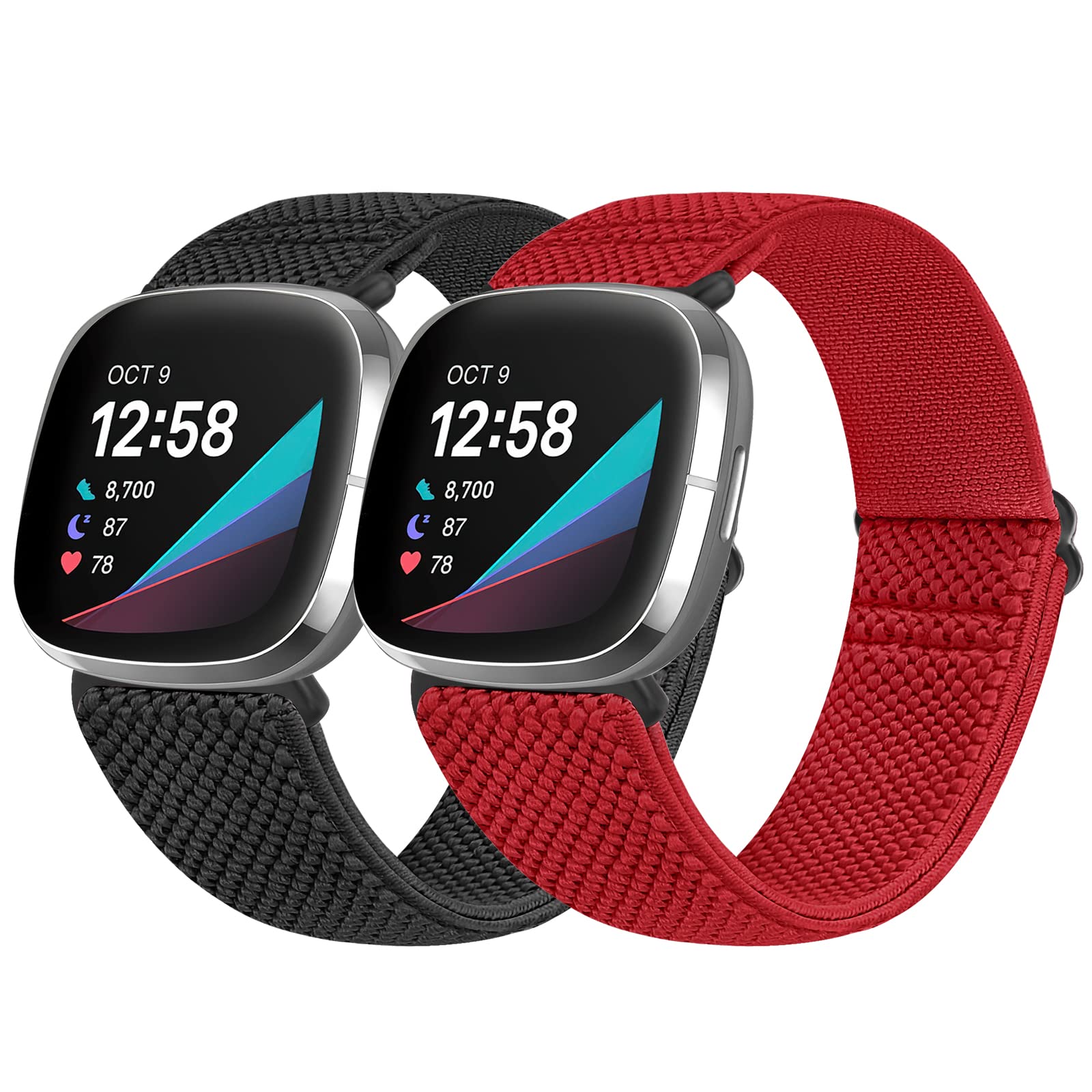 Vodtian Elastic Nylon Loop Straps Compatible with Fitbit Sense 2/Fitbit Sense/Fitbit Versa 4/Fitbit Versa 3 Strap, Adjustable Soft Stretchy Sport Braided Replacement Wristband for Men Women, 2 Pack