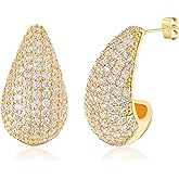 Chunky Gold Hoop Earrings for Women, Rhinestone Teardrop Earrings Dupes Lightweight Water Drop Earrings for Women Trendy Tear Drop Dangle Earrings Hypoallergenic Jewelry for Women