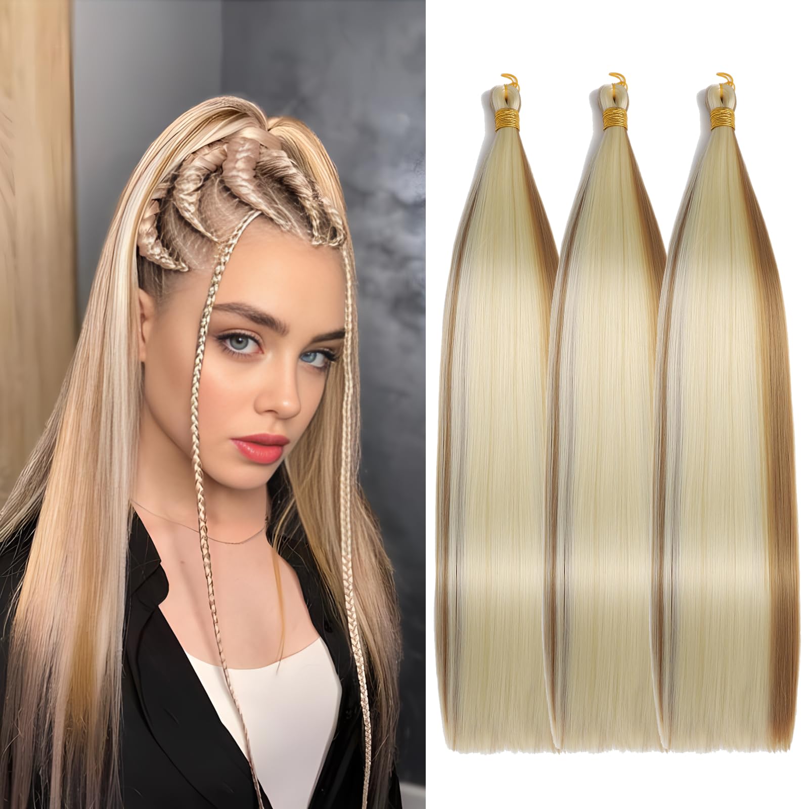 Locescsoc 24 Inch Bone Straight Braiding Hair 150g 3 Packs Straight Hair Extensions, Ariel Straight Hair Bundles, Silky Soft Synthetic Hair for Women (27/613#)