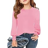 Haloumoning Girls Long Sleeve T Shirts Kids Fall Crewneck Tops Casual Smocked Cuffs Tees 5-14 Years