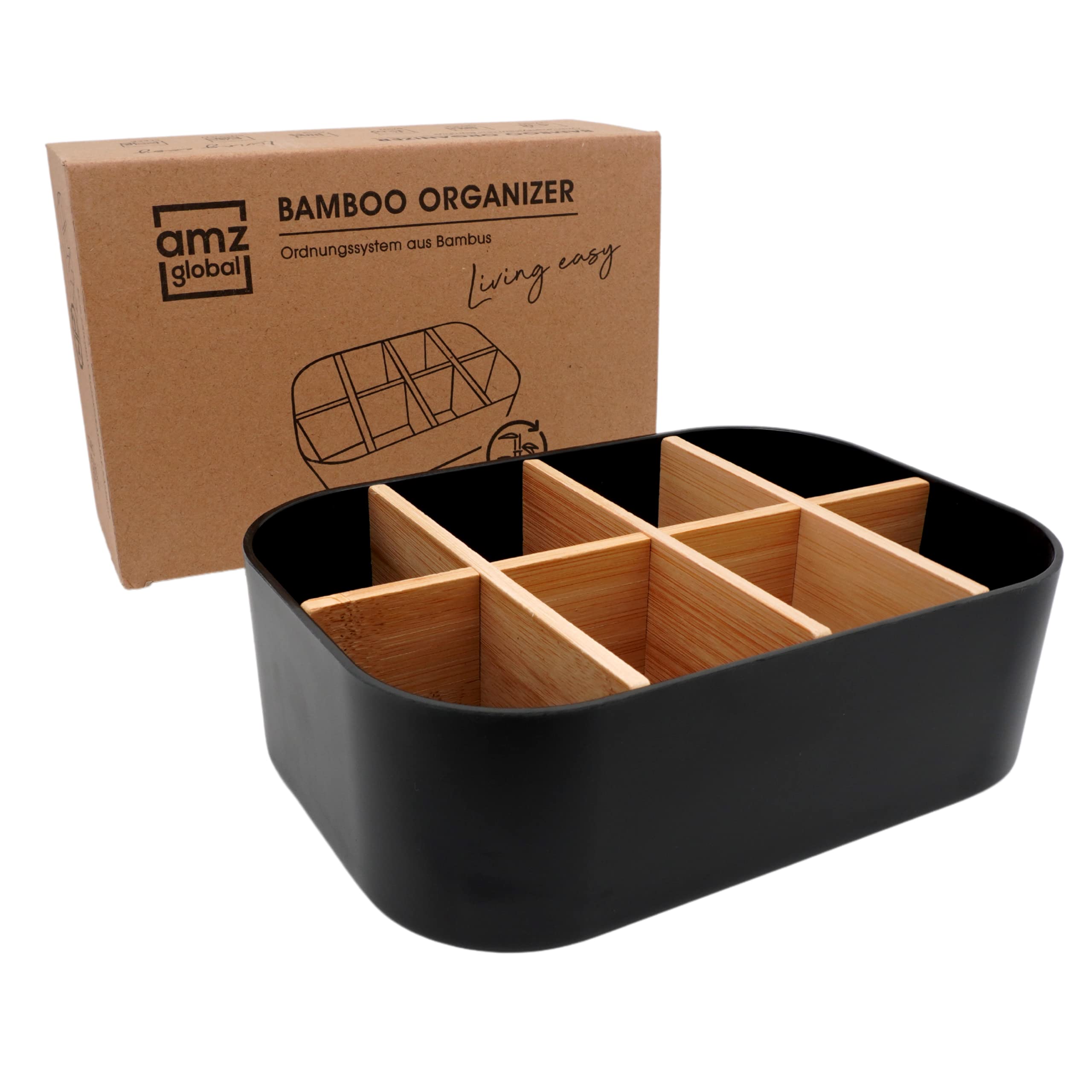 Premium ECO Bamboo Organiser for Cosmetics, Desk, Kitchen, Bathroom, Bar Accessories and Household, 8 Compartments, Non-Slip, Multifunctional, No Plastic