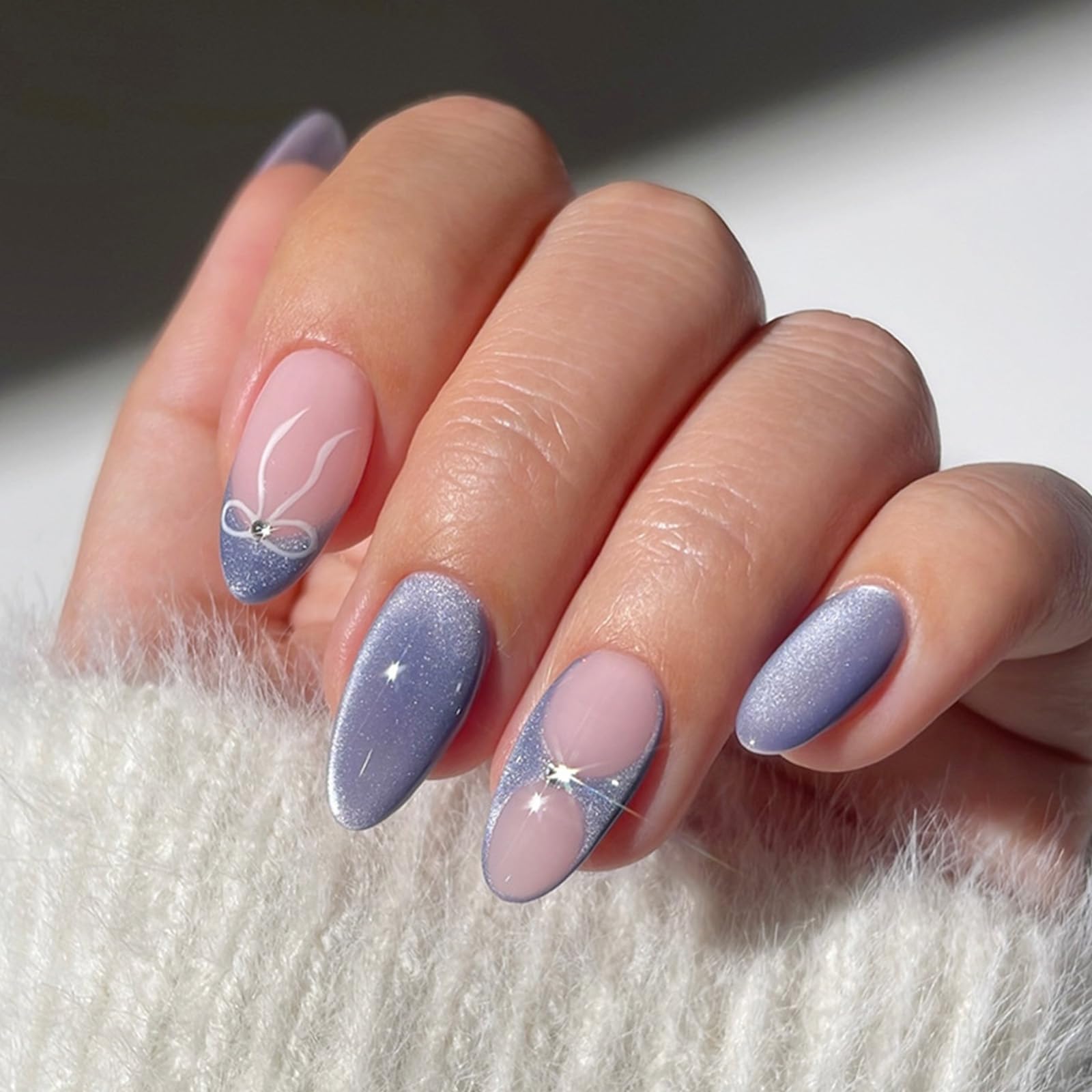 Photo 1 of French Tip Press on Nails Medium Almond Fake Nails with Designs Rhinestone Glue on Fingernails Bow Artificial nails Glitter Full Cover Stick on Nails for Women 24Pcs