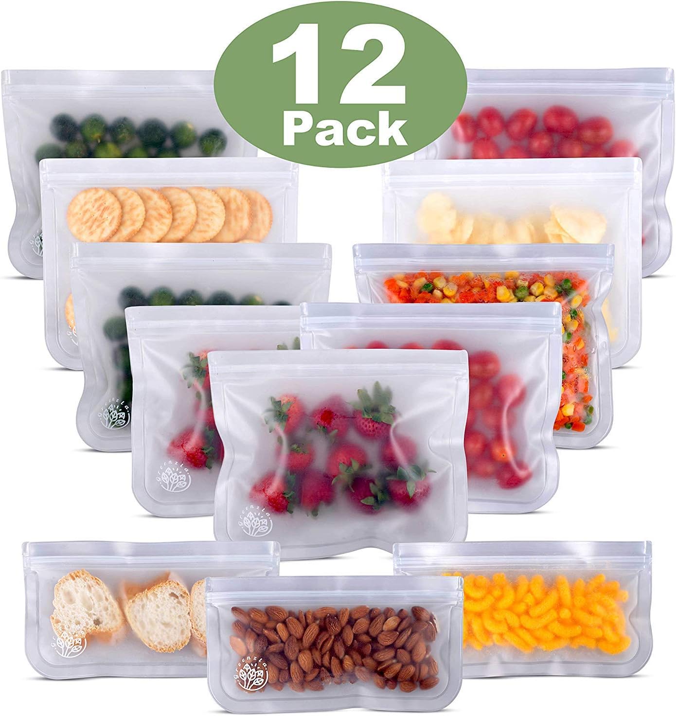 Greenzla Reusable Sandwich Bags (12-Pack) –FDA Grade PEVA Reusable Lunch Bags - Extra Thick Storage Bags for Food and Kitchen Organization – BPA Free Leakproof Snack Bags - 9 Large & 3 Small