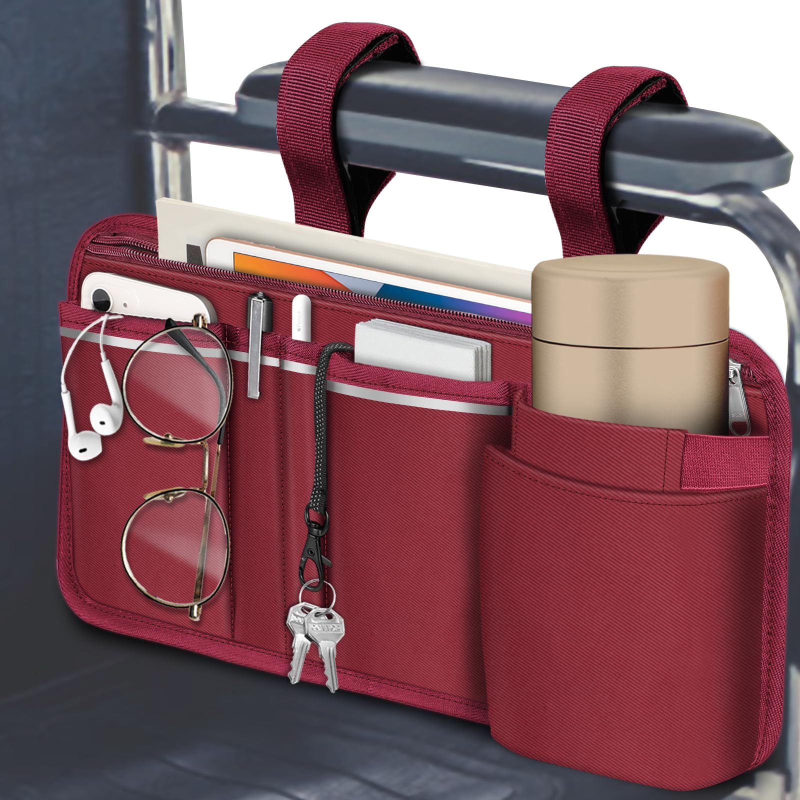 Photo 1 of FINPAC Wheelchair Side Storage Bag w/Cup Holder, Wheelchair Armrest Accessories Pouch with Pen Slot and Reflective Strips for Power Walkers, Rollators, Seniors - Burgundy