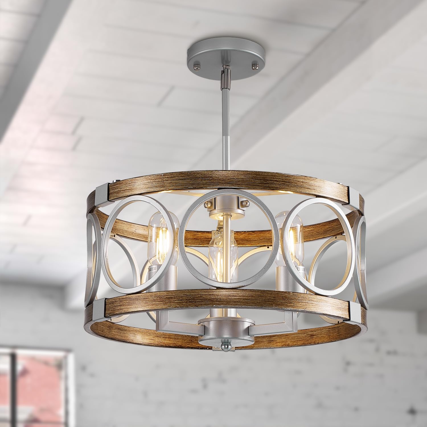 Photo 1 of SHIANDAR 15.7'' Drum Chandelier, 3-Light Adjustable Height Round Dining RoomChandeliers, Silver Light Fixture Ceiling Mount Wood Grain Finish, Farmhouse Ceiling Light Fixture for Hallway