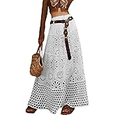 Womens Boho Floral Maxi Skirt Embroidered Knit Elastic Waist Lace Crochet Eyelet Fashion Flared Long Skirt
