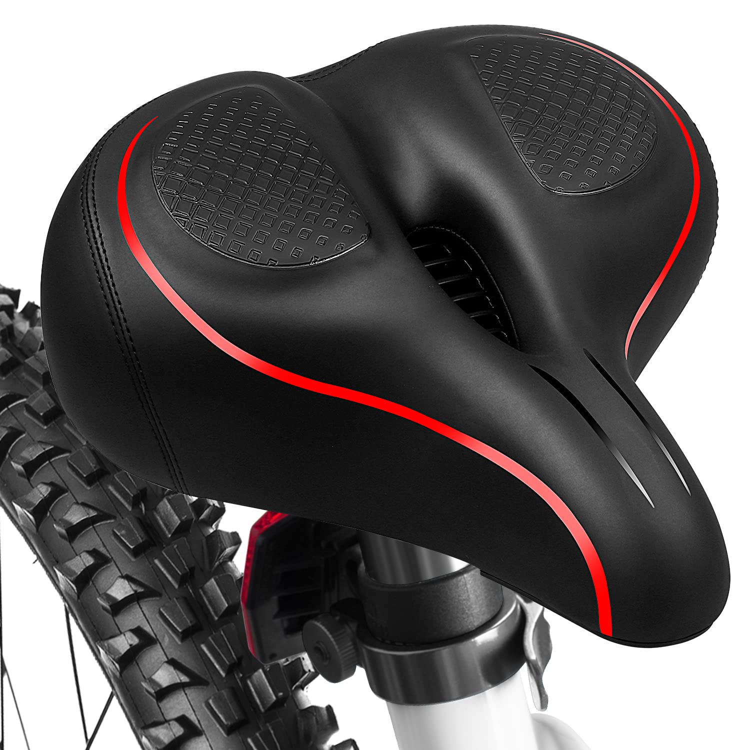 Bicycle Saddle, Oversized Gel Bicycle Seat Women Men Comfortable Waterproof Breathable Hollow Memory Foam Wide Bicycle Saddle with Tools for City Road Bike/MTB/Cruiser/Stationary/Spin Bikes