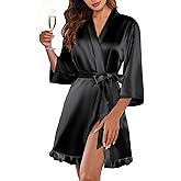 Ekouaer Women's Satin Robes Silk Kimono Bath Robe Short Ruffled Hem Bride Bridesmaid Sleepwear with Pockets