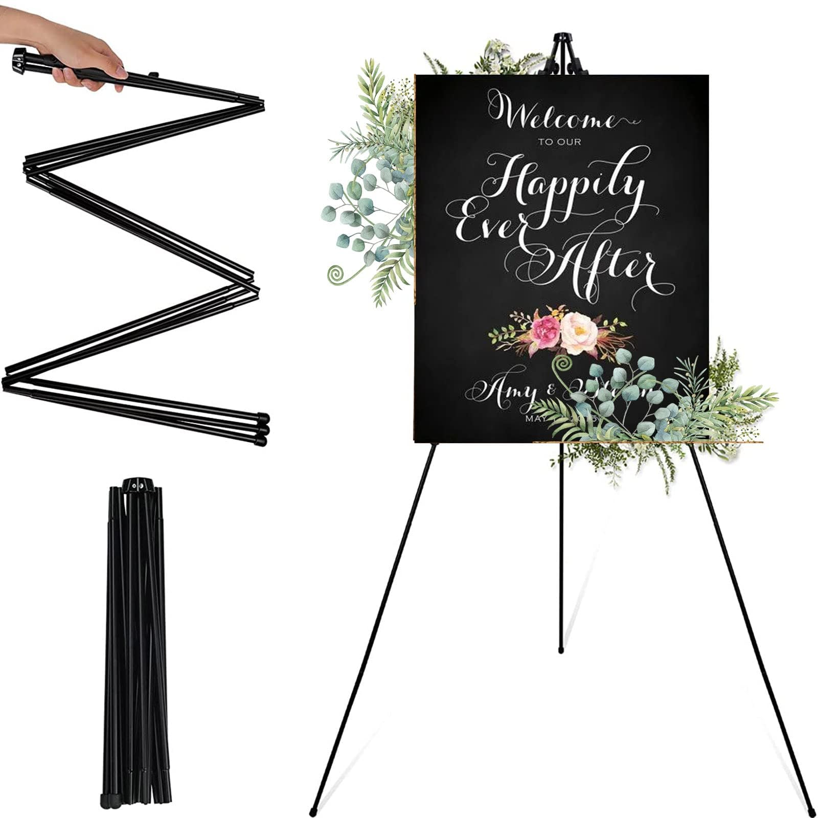 168cm Easel Stand for Wedding - Foldable Portable Display Easel Poster Stand, Easy to Fold, Retractable Adjustable Black Easel Artists Easel Indoor and Outdoor (Black)