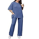 Beautife Womens Plus Size 2 Piece Lounge Sets Ribbed Short Sleeve Tops and Wide Leg Pants Set Travel Airport Outfits