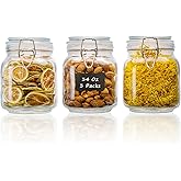LOOIOOJ 34oz Square Glass Food Storage Jars with Airtight Clamp Lids, 3 Pack Large Kitchen Canisters for Flour, Cereal, Coffee, Pasta and Canning, Mason Jar (Clear 34oz Square - 3 sets)
