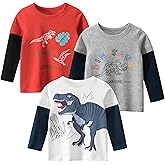 SUPFANS Toddler Boys Long Sleeve Shirts Cotton T-Rex Dinosaur T-Shirts Multipacks