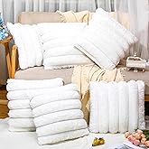 Mixweer 6 Pcs 18x18 Inch Faux Fur Plush Decorative Throw Pillow Covers Soft Plush Striped Couch Pillow Covers Faux Fur Pillow Covers for Sofa Couch Bedroom Living Room Party (White)