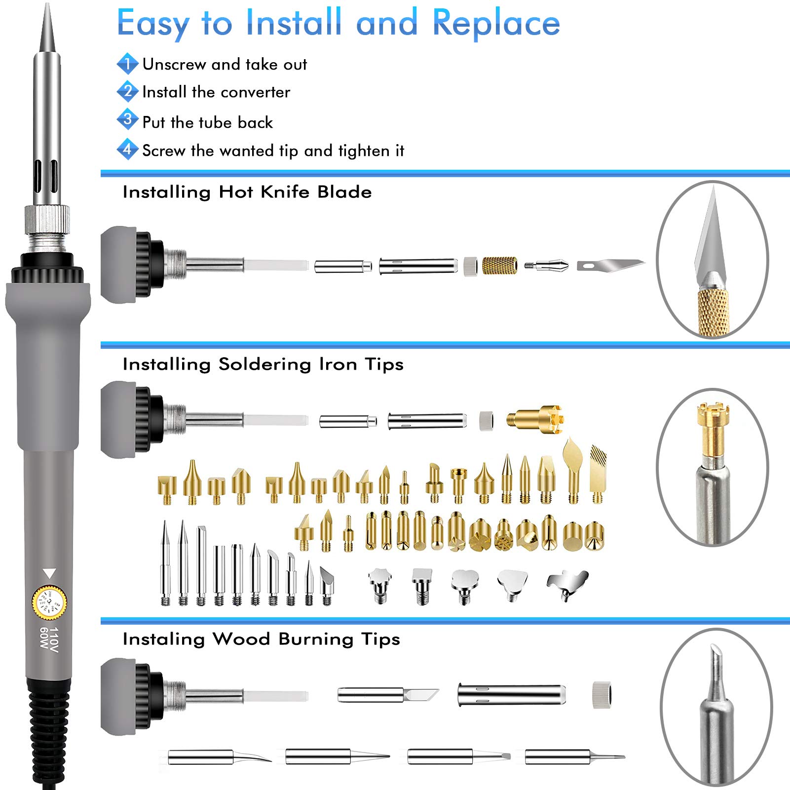 137PCS Wood burning Kit, DIY Creative Tool Set Soldering Woodburning Pen with Adjustable Temperature and Wood Piece for Embossing Carving Tips