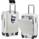 OIWAS 20 Inch Carry On Luggage, Front Pocket Carryon Suitcase with Phone Holder & Cup Holder, Airline Approved Hardshell Luggage with Double TSA Lock, USB Port, One-Click Brake, White