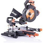 Evolution Power Tools R255SMS+ PLUS 10-Inch Sliding Miter Saw Plus Multi-Material Multi-Purpose Cutting Cuts Metal, Plastic, Wood &amp; More 0˚ - 45˚ Bevel &amp; 50˚ - 50˚ Miter Angles TCT Blade Included