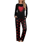 QAUN Valentines Day Pajamas Women Valentine's Pjs Set Love Heart Sleepwear Long Sleeve Loungewear Set
