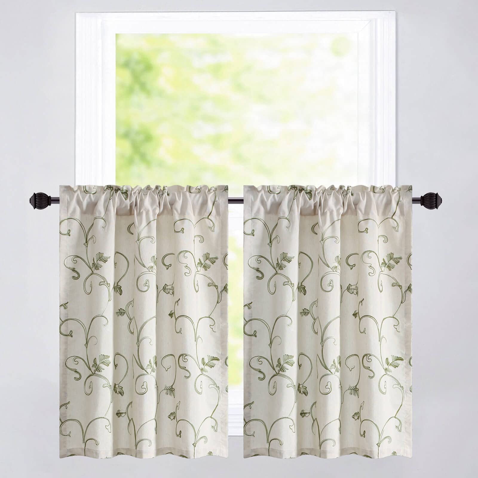 VOGOL Kitchen Tier Curtains, Green Vines Embroidered Faux Linen Window Curtain Tier Pair 36 Inch Long Pocket Valances Panel Drapes for Cafe Small Windows, 2 Panels