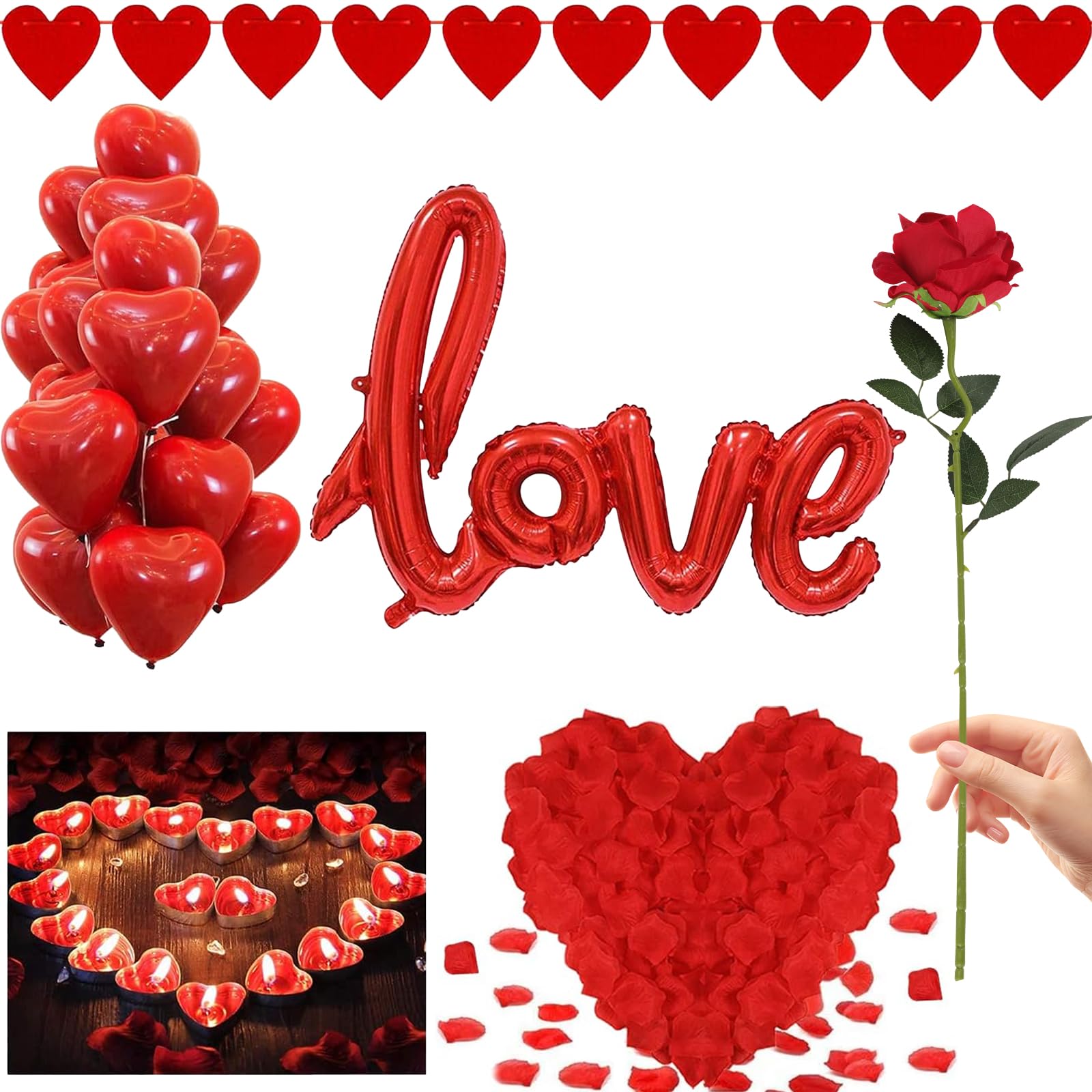 Romantic Decorations Set - 1000 Rose Petals, Heart Candles, XXXL LOVE Balloons, Red Balloons, Hearts Garland for Birthday Wedding Bridal Anniversary Proposal